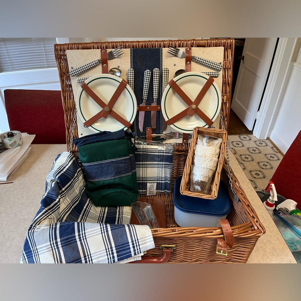 Brookstone Wicker Picnic Basket with Blue and Green Accents